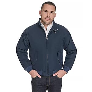 Tommy Hilfiger men's bomber jacket in olive green, displayed as a standalone garment.