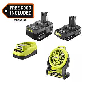 RYOBI ONE+ 18V 4 Ah + 2 Ah Batteries & Charger + 7.5" ONE+ Hybrid  WHISPER Fan $99 + Free Shipping