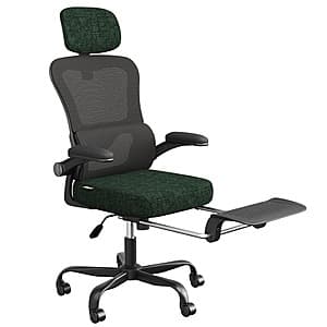 Pinmoco ergonomic office chair in black mesh with adjustable footrest, featuring flip-up arms and lumbar support cushion.