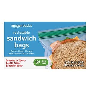 100-ct Amazon Basics Reclosable Double Zipper Sandwich Storage Bags 4 for $8.45 w/ S&S