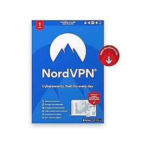 NordVPN logo and subscription details on a digital product card showing 1-year term and 10-device support.