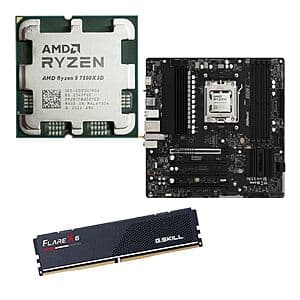 AMD Ryzen 5 7500X3D processor, ASRock B850M-C motherboard, and G.Skill Flare X5 16GB DDR5-6000 RAM kit displayed together.