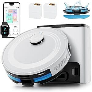 Lefant robot vacuum and mop with sleek black design, circular shape, and self-emptying dock base station on white background.