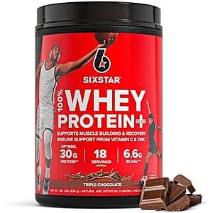 1.8 lbs container of Six Star Whey Protein Powder Plus in Triple Chocolate flavor with product branding.