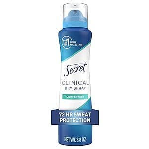 3.8oz Secret Clinical Strength Dry Spray Antiperspirant Deodorant for Women 2 for $7.70 w/ Subscribe & Save