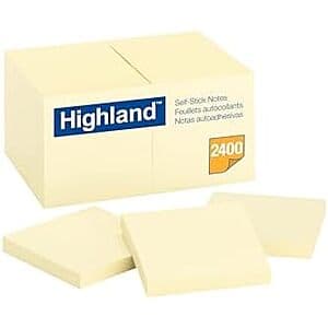 24-Pk Highland 3"x3" Sticky Notes (Yellow) $2.40
