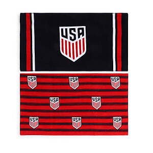 Two folded USA rally towels with official national crest and patriotic colors, 16" x 28" each, in cotton-poly blend fabric.