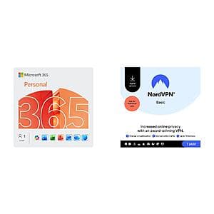 12-Month Microsoft 365 Personal Subscription (1-User) + NordVPN Basic (10 Devices) $56 & More
