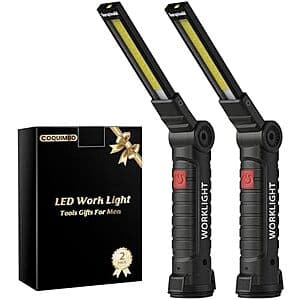 Two black Coquimbo rechargeable magnetic LED work lights with adjustable heads and magnetic bases.