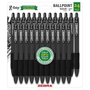 24-Pk Zebra Pen Z-Grip Retractable Medium Ballpoint Pens (Black) $5.70