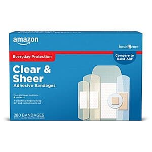 280-Ct Amazon Basic Care Sheer and Clear Adhesive Bandages Variety Pack $4.60 w/ Subscribe & Save
