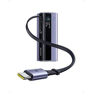 Baseus rectangular 20,000mAh power bank with smart display, multiple ports, and retractable USB-C cable on front.