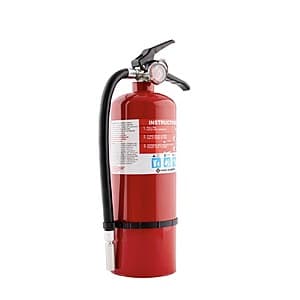 Heavy-duty fire extinguisher with 5 lbs of agent, mounted on marine-grade stainless steel bracket with strap.