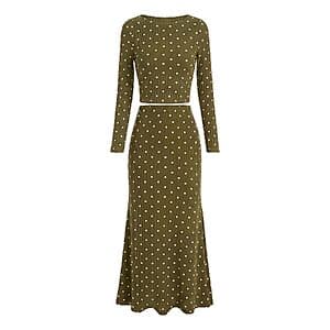 Women's 2-piece polka dot set with long-sleeve crop top and maxi skirt in various colors, displayed in sizes S to XXL.