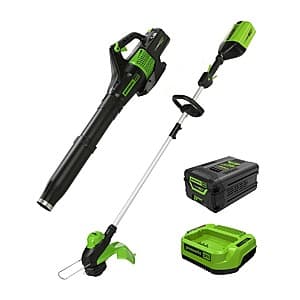 Greenworks Pro 60V string trimmer and leaf blower combo kit with 4.0Ah lithium-ion battery pack and charger.