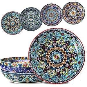 Set of four colorful Bohemian ceramic pasta bowls with glowworm design, each 9.7 inches diameter and 42-ounce capacity.