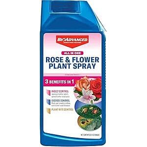 32-ounce bottle of BioAdvanced All-in-One Rose & Flower Plant Care Concentrate with product label.