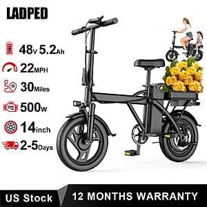 14" LADPED 500W Foldable Electric Bike (22 MPH / 30 Mi. Range) $128.30 + Free S&H