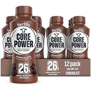 Core Power Chocolate Protein Shake 12-pack containing 14 oz bottles in brown packaging.