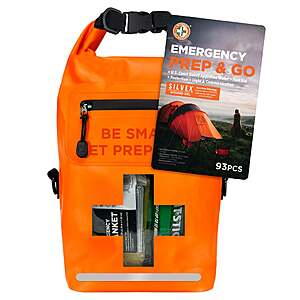 Impact-resistant go bag with reflective strip containing emergency survival essentials including first aid kit, water, poncho, blanket, whistle, and brightsticks.