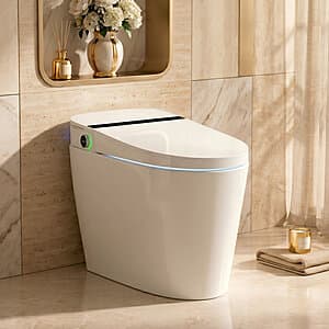 White BCANHOME smart toilet with integrated bidet tank, rounded bowl design, soft-closing lid, and black remote control.