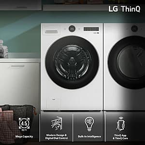 LG white stackable smart front load washer and electric dryer bundle positioned side by side.