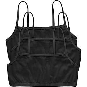 Three Hanes cotton string bralettes in Black, Spiced Fig, and Terra Red colors displayed together.