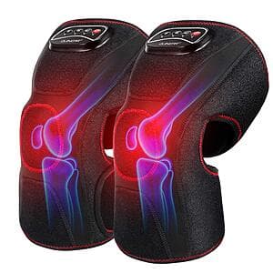 QUINEAR knee massager with white and gray heated compression wrap design, featuring control panel with multiple settings.