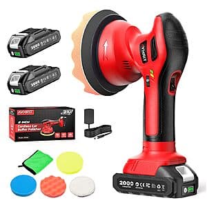 Black cordless 6-inch dual action car buffer polisher with ergonomic handle and two 21V lithium-ion batteries.