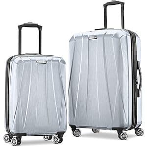Samsonite Centric 2 two-piece hardside luggage set in silver with spinner wheels, showing 20-inch carry-on and 24-inch checked bags side by side.