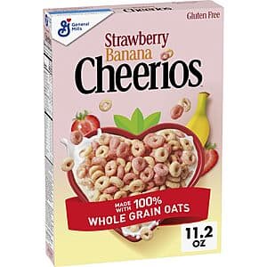 Box of Cheerios Strawberry Banana Breakfast Cereal, 11.2 oz, with strawberry and banana imagery on packaging.