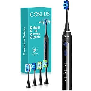 COSLUS Sonic Electric Toothbrush w/ 4 Replacement Heads (Black) $4.80