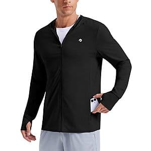 PINSPARK men's black or light grey lightweight full-zip hooded jacket with UPF 50+ sun protection.