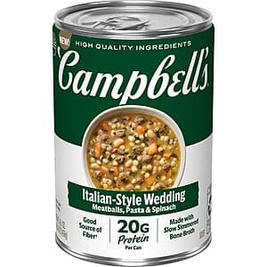 16.1-ounce can of Campbell's Protein Italian Style Wedding Soup with red and white label.