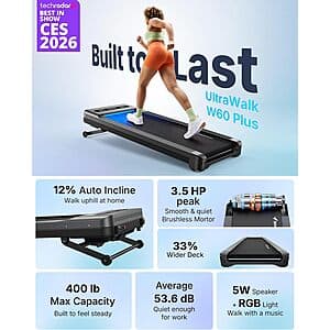 MERACH UltraWalk W60 walking pad treadmill with black frame and wide running deck, showing control panel and incline capability.