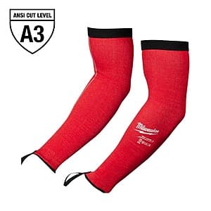 Milwaukee 16 inch red protective arm sleeves with 4-way stretch fabric and cut 3 resistant protection.