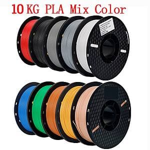 Ten 1kg rolls of multicolor PLA filament spools in 1.75mm diameter for 3D printing.
