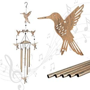 Eandisom hummingbird-themed wind chime measuring 40.15 inches in length with decorative elements and hanging mechanism.