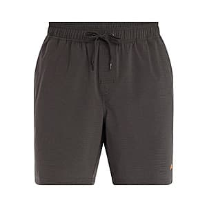 Ozark Trail men's swim trunks in relaxed fit mid-rise style with pull-on waistband and drawstring tie, made from stretchy polyester-spandex blend.