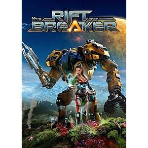 The Riftbreaker game cover art featuring a mecha-suited character in a sci-fi landscape on a distant planet.