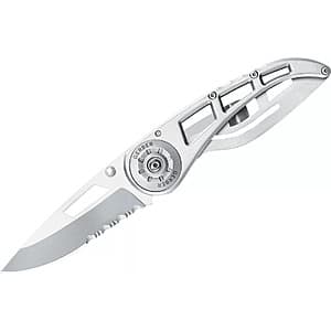 Gerber Ripstop II Drop Point Folding Knife with 3-inch partially serrated blade, displayed both open and closed, featuring frame lock design and dual thumb studs.