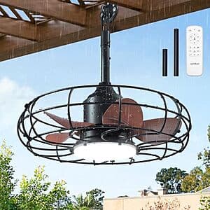 Bronze 20-inch outdoor ceiling fan with integrated light fixture and remote control, designed for weatherproof installation.