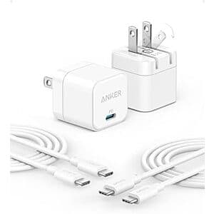 Anker 20W USB-C PD Foldable Wall Charger + 2-Pack 6' USB-C Cables (White) $12.20