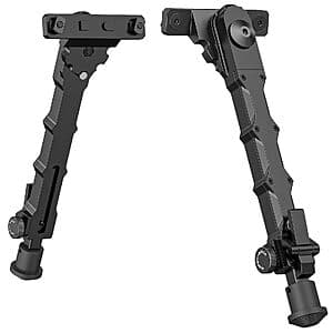 Lightweight aluminum M-rail bipod with black anodized finish and adjustable leg assembly with release button mechanism.