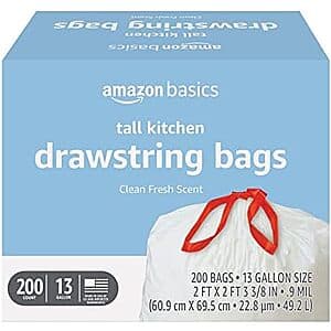 200-Count 13-Gal Amazon Basics Tall Kitchen Drawstring Trash Bags (Clean Fresh Scent) $13.70 w/ Subscribe & Save