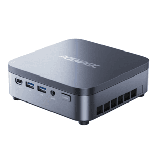 ACEMAGIC M5 compact mini PC with metal chassis, multiple ports visible, sleek black design suitable for desktop environments.