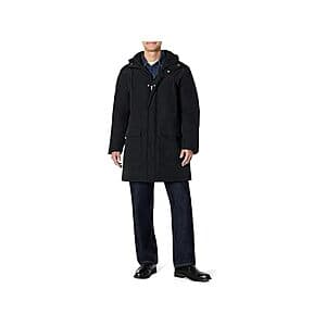 Amazon Essentials men's modern oversized-fit jacket in Black and Dark Teal Green colorways with multiple size options displayed.