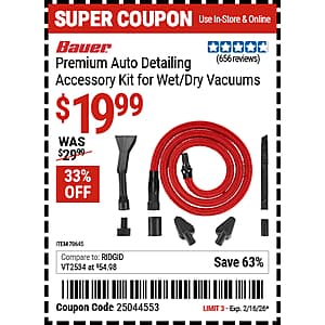 Harbor Freight Coupon: BAUER Premium Auto Detailing Accessory Kit for Wet/Dry Vacuums $20 (Valid thru 2/16)