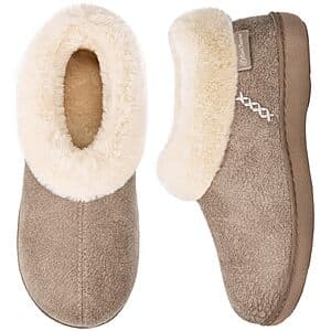 EverFoams Women's Microsuede Memory Foam Slippers w/ Faux Fur Collar (Taupe) 9.80 & More