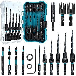 19-piece LIBRATON tapered countersink drill bit set with assorted drill bits, wood plug cutters, screwdriver bits, and black storage case.